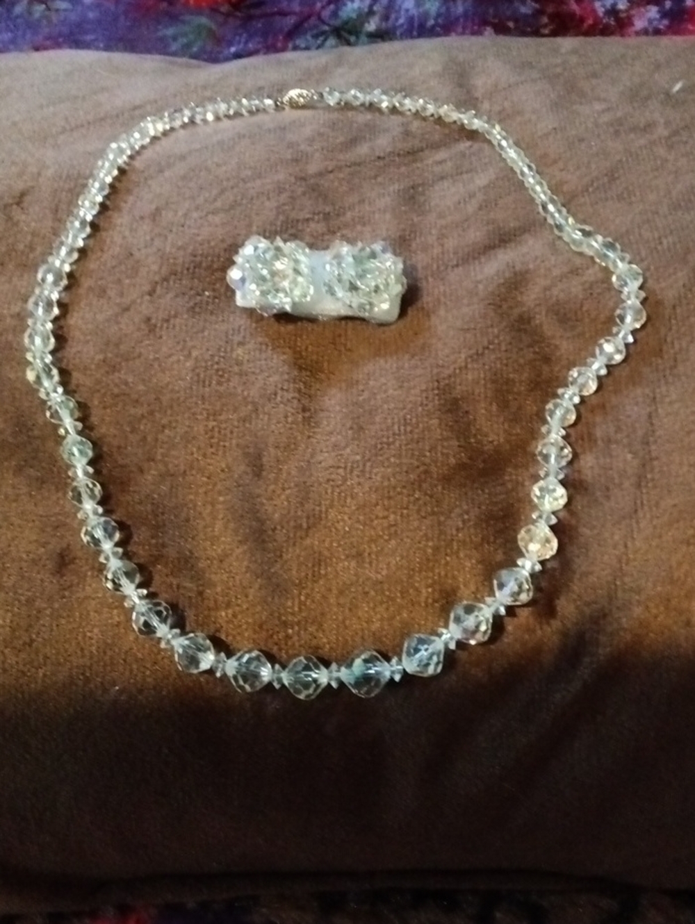Clear Crystal Bead Necklace with Matching Clip-On Earrings